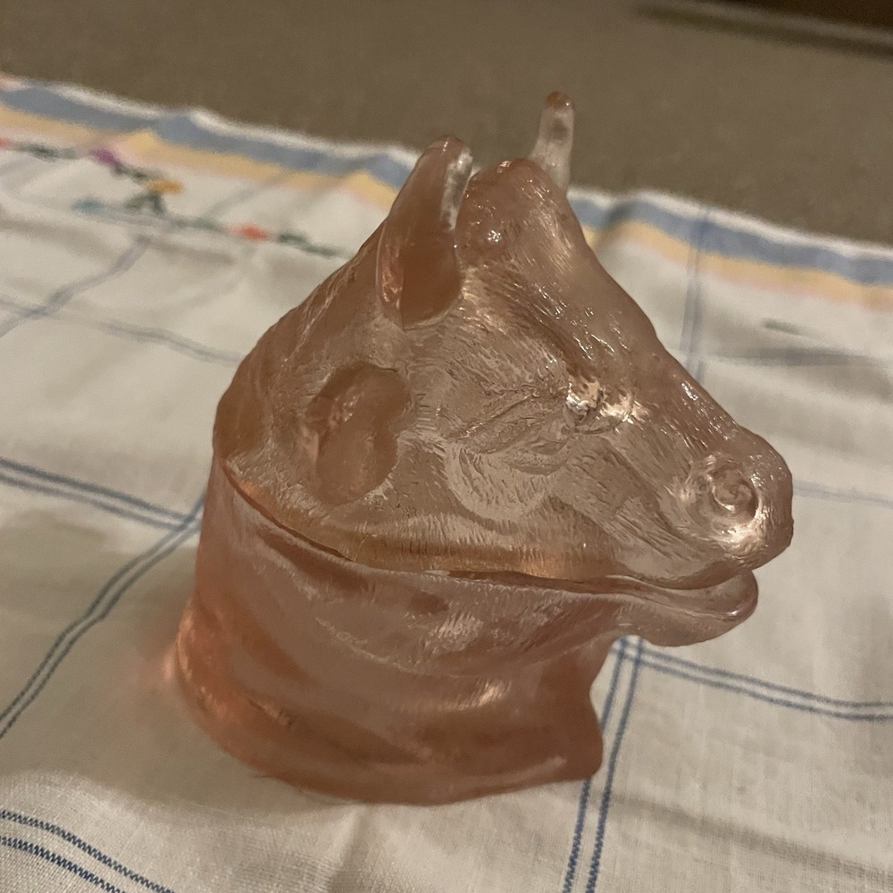 Vintage LG Wright Ferdinand The Bull Cow Head Mustard Jar Rose Pink Glass MCM - Picture 4 of 11